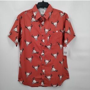 Reverse Threads Mens Short Sleeve Button Down Shirt Size M Longhorn/Copper Print